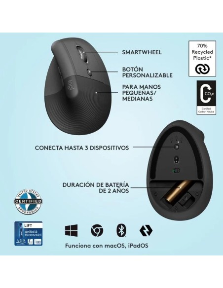 RATON LOGITECH LIFT VERTICAL WIRELESS ERGONOMIC 4000DPI 6 BOTONES BLACK