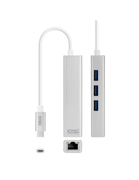 ADAPTADOR NANOCABLE USB-C ETHERNET RJ45 GIGABIT + 3XUSB 3.0 15CM SILVER
