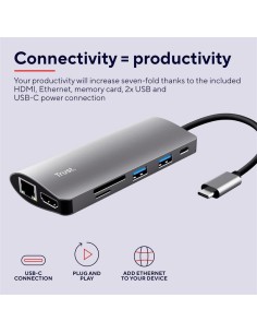 HUB TRUST DALYX USB-C 7 EN 1 HDMI USB-C USB MICRO SD RJ45 SILVER 2