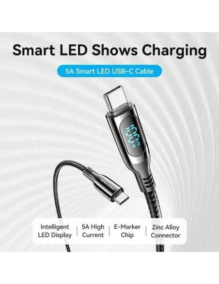 CABLE USB VENTION TIPO USB-C/M-C/M PANTALLA LED 5A PD100W 1.2M BLACK